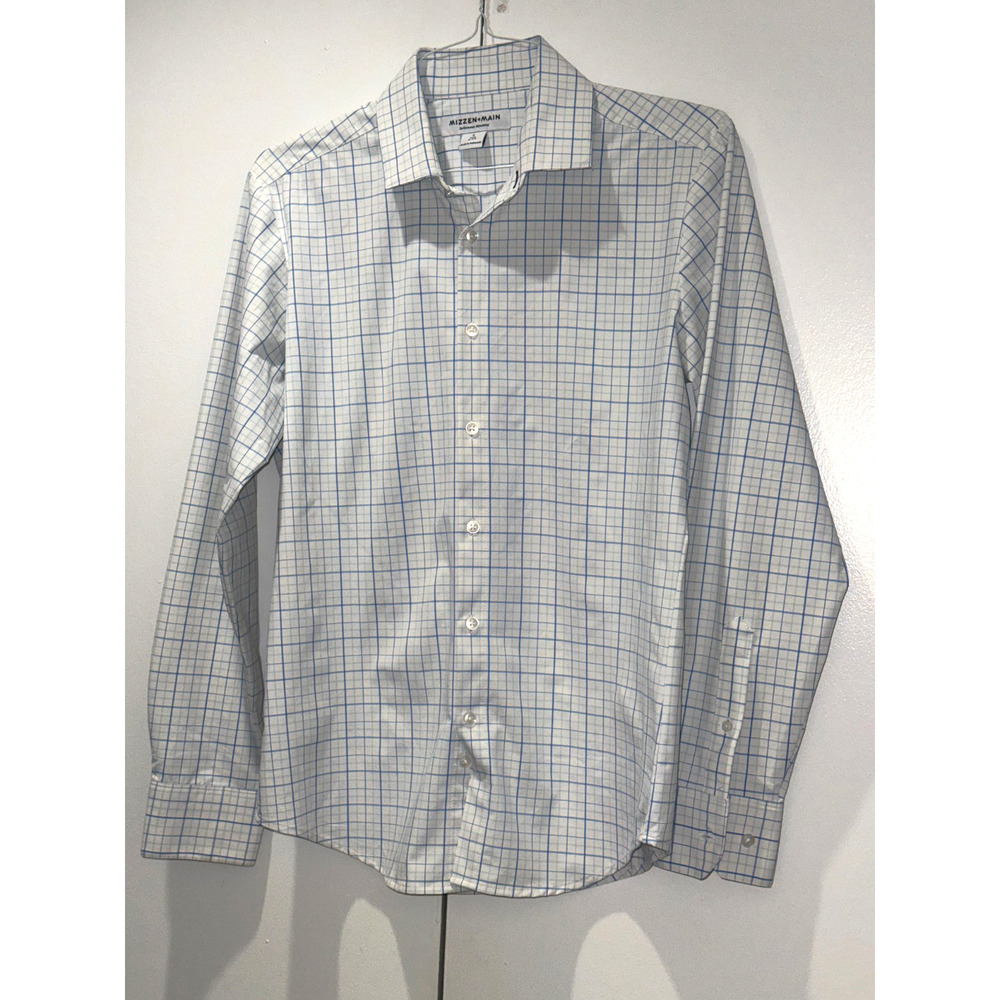 Mizzen+Main Performance Dress Shirt Mens Small Trim Fit Blue Check Stretch No Tu